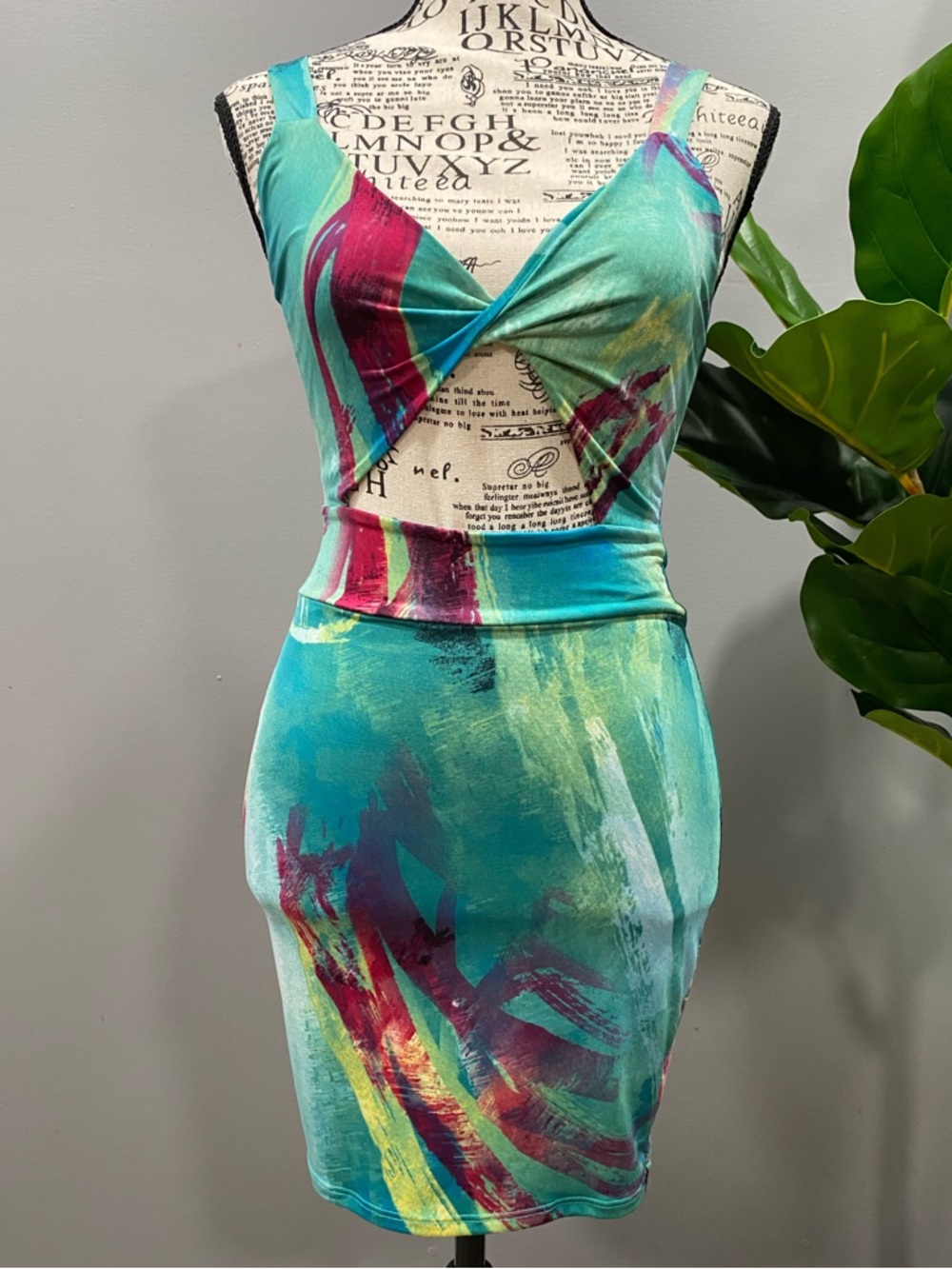 Turquoise Abstract Twist-Front Mini Dress